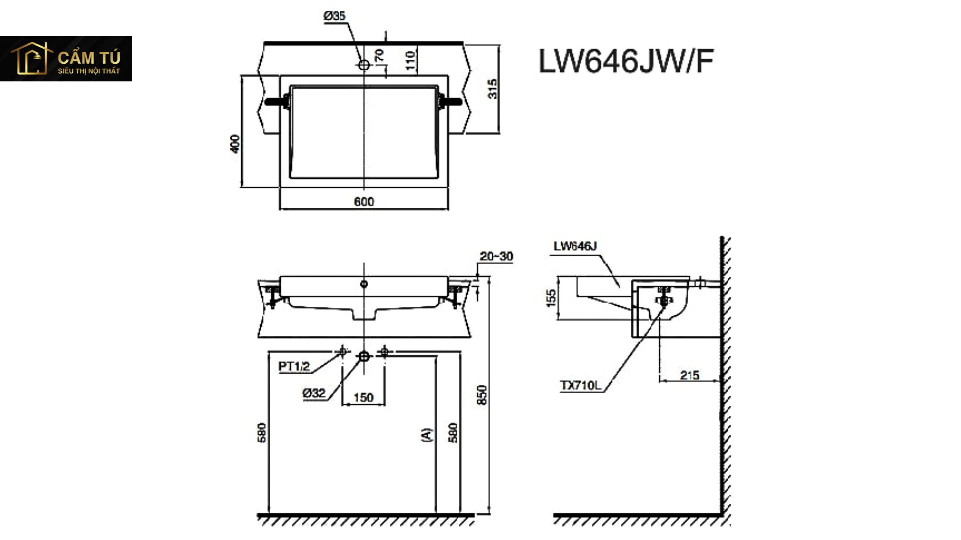 Chậu Rửa Lavabo Bán Âm Bàn TOTO LW646JW/F