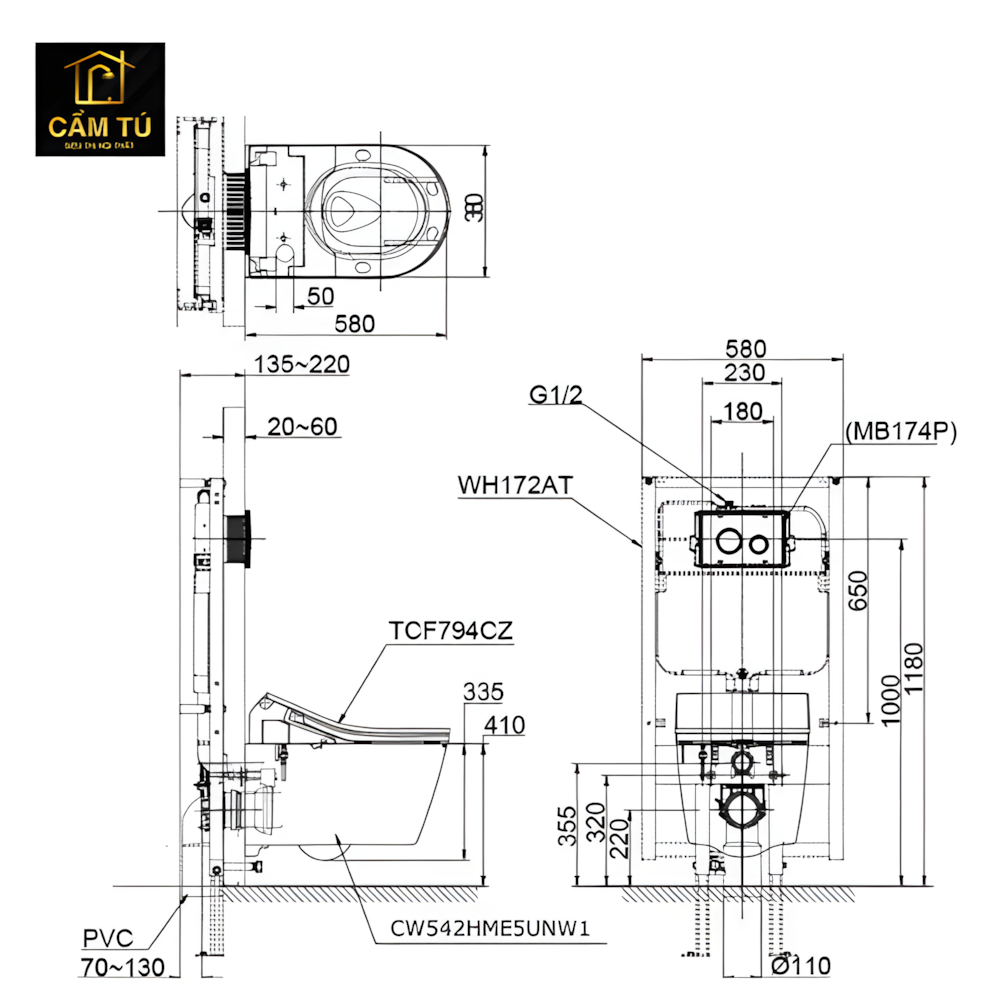 Bồn Cầu TOTO CW542HME5UNW1/TCF795C2Z/WH172AAT/MB175MSS Treo Tường Tự Động Xả