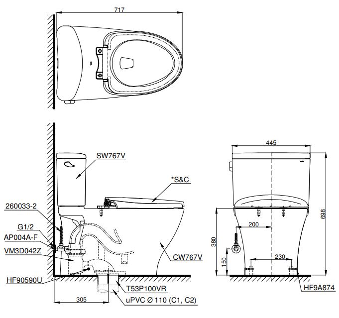 Bồn Cầu Điện Tử TOTO CS767CRW12 (CS767CW12) Nắp Washlet Giấu Dây