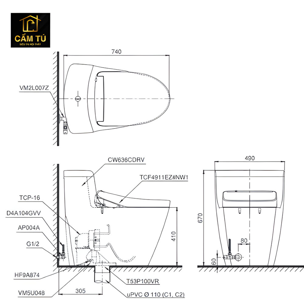 Bồn Cầu Điện Tử TOTO MS636CDRW12 Nắp Washlet Giấu Dây