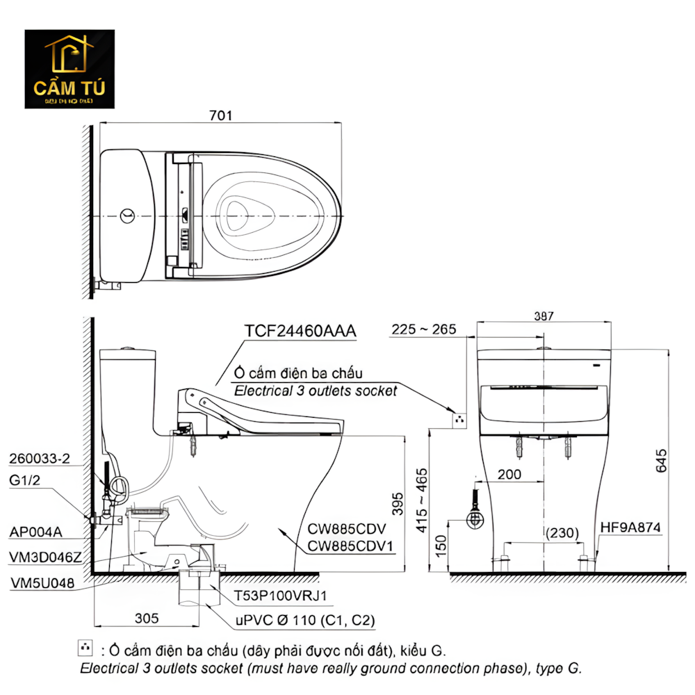 Bồn Cầu Điện Tử TOTO MS885CDW15 Washlet