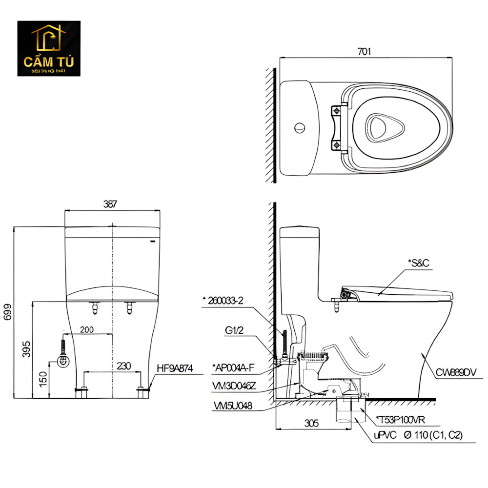 Bồn Cầu Điện Tử TOTO MS889CDRW17 Nắp Rửa Washlet TCF23460AAA C2 Giấu Dây