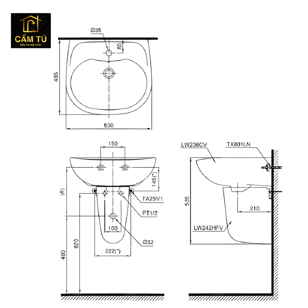 Lavabo TOTO LHT236CS Treo Tường Chân Ngắn