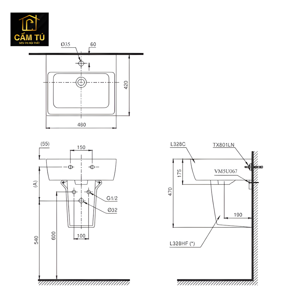 Chậu Rửa Mặt Lavabo TOTO LHT328C Chữ Nhật Treo Tường Chân Ngắn