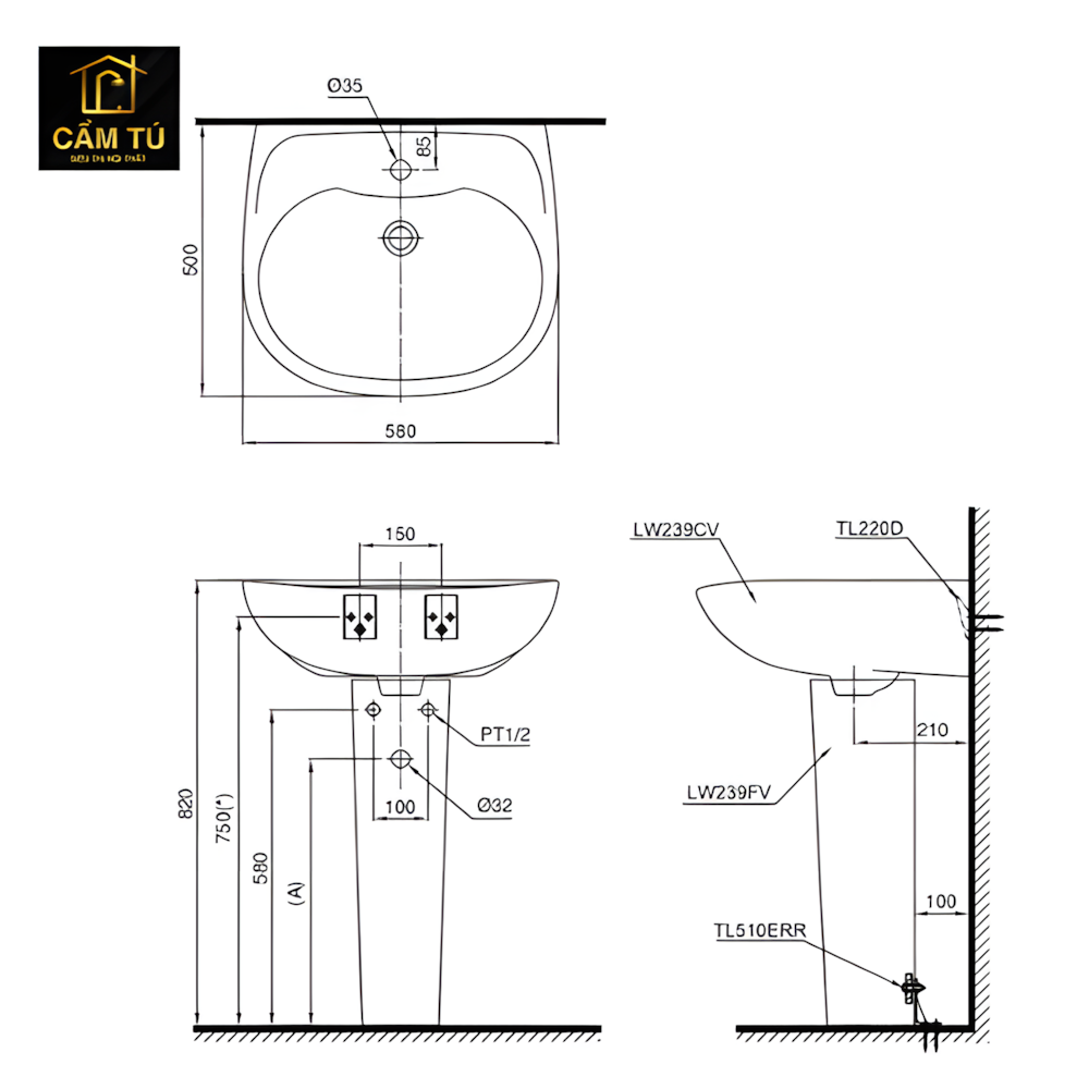 Chậu Lavabo TOTO LPT239CR Treo Tường Chân Dài