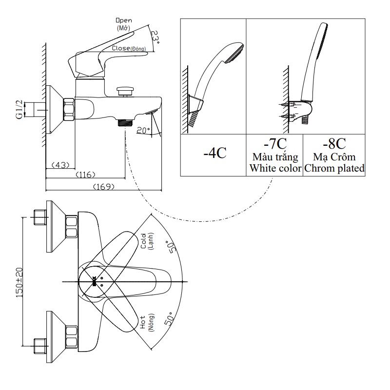 Vòi Sen Tắm Nóng Lạnh Inax BFV-1113S-4C (BFV1113S4C) Tay Sen Mạ