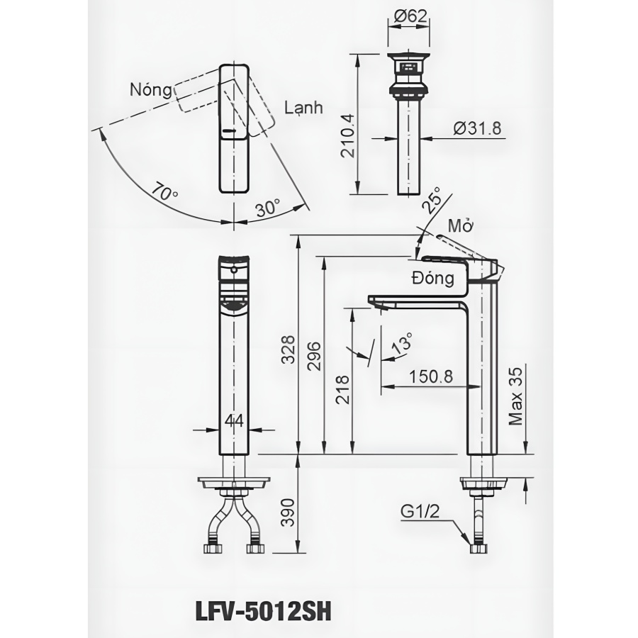 Vòi Lavabo Nóng Lạnh Inax LFV-5012SH Thân Cao