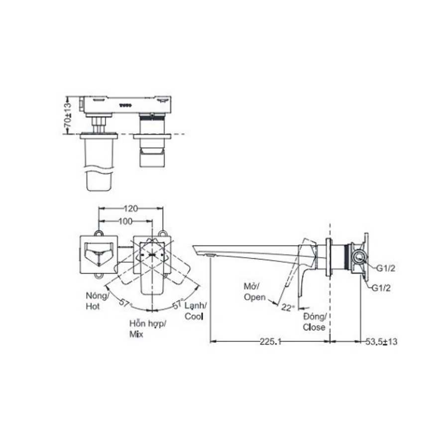Vòi Lavabo TOTO TLG07308BB (TLG07308B) Nóng Lạnh Gắn Tường