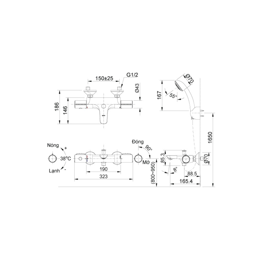 Vòi Sen Tắm Inax BFV-3413T-8C (BFV3413T8C) Nhiệt Độ Cao Cấp